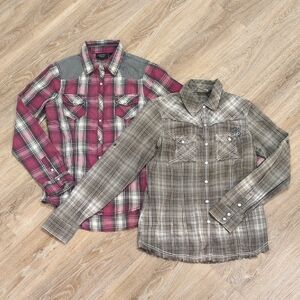🩷🤎 2 Harley-Davidson Red & Brown/Green Plaid Button-Down Shirts Women's sz M